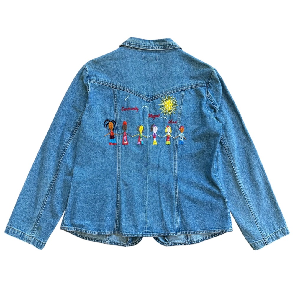 For Joseph Denim Blazer Jacket XL Blue Embroidered Community Magnet School Sun